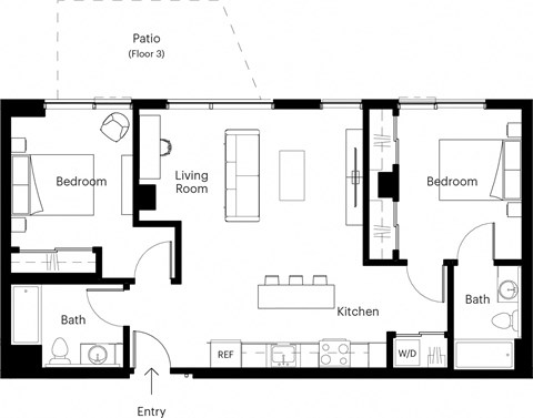 Floor plan for 2 beds, 2 baths, 874 sqft